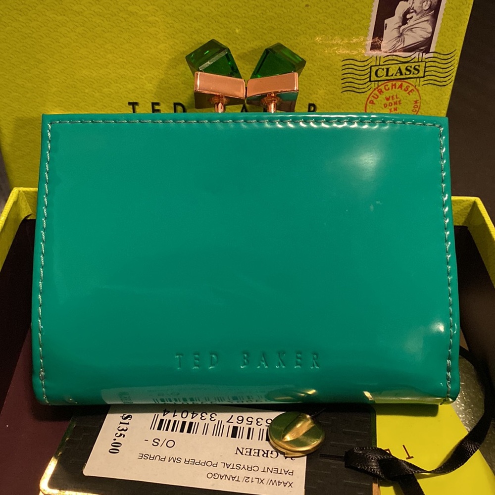 Ted Baker Patent Crystal Popper Small Purse Kelly Green